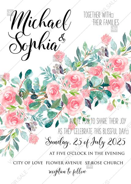 Hochzeit - Wedding invitation set watercolor blush pink rose greenery card template PDF 5x7 in edit online