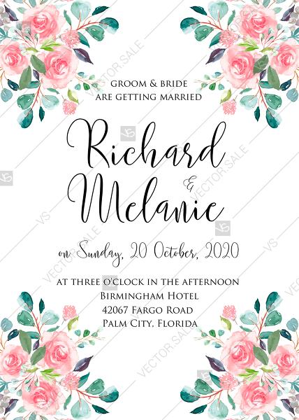 Wedding - Wedding invitation set watercolor blush pink rose greenery card template PDF 5x7 in customizable template