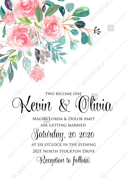 Wedding - Wedding invitation set watercolor blush pink rose greenery card template PDF 5x7 in edit template