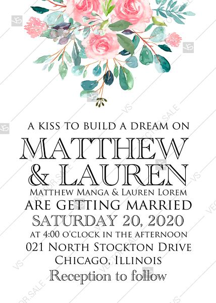 Mariage - Wedding invitation set watercolor blush pink rose greenery card template PDF 5x7 in wedding invitation maker