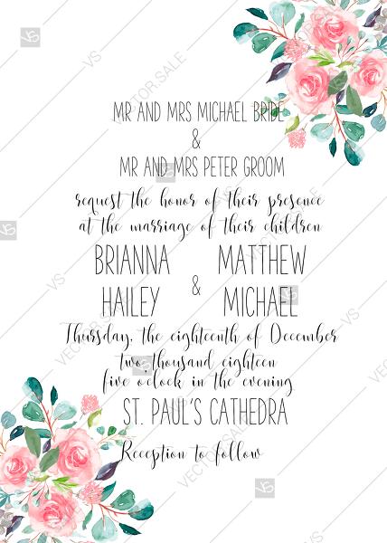 Hochzeit - Wedding invitation set watercolor blush pink rose greenery card template PDF 5x7 in online maker