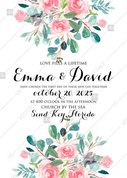 Mariage - Wedding invitation set watercolor blush pink rose greenery card template PDF 5x7 in instant maker