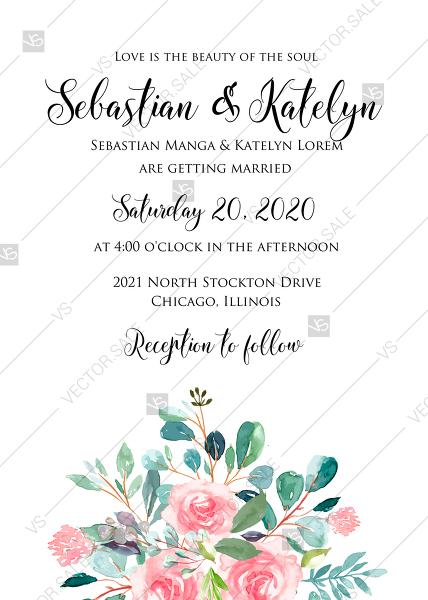 Mariage - Wedding invitation set watercolor blush pink rose greenery card template PDF 5x7 in create online