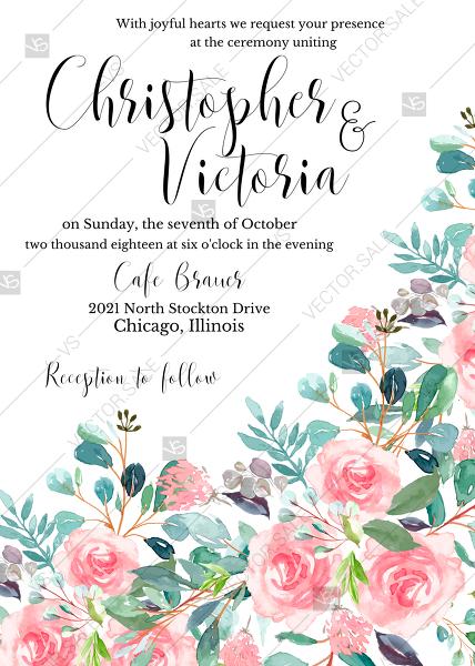Wedding - Wedding invitation set watercolor blush pink rose greenery card template PDF 5x7 in PDF download