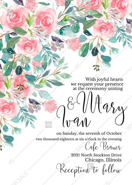 Свадьба - Wedding invitation set watercolor blush pink rose greenery card template PDF 5x7 in PDF template