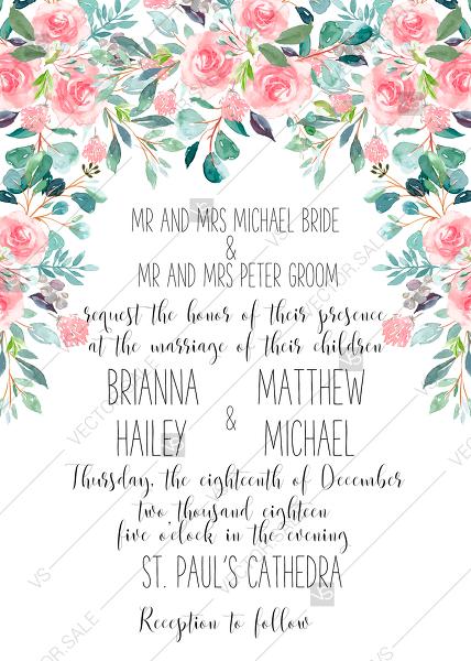 Hochzeit - Wedding invitation set watercolor blush pink rose greenery card template PDF 5x7 in PDF maker