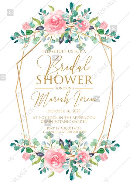 Hochzeit - Bridal shower invitation set watercolor blush pink rose greenery card template PDF 5x7 in customizable template