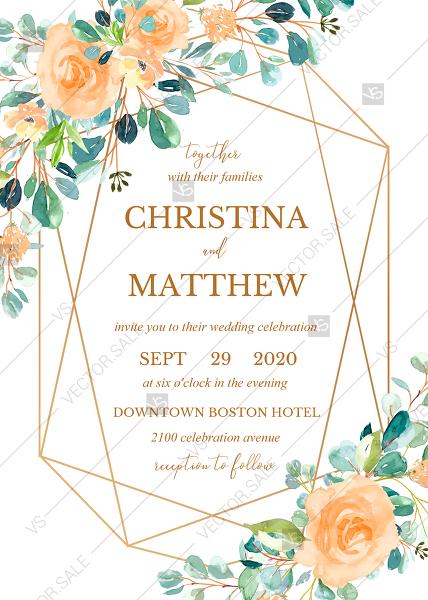 Hochzeit - Wedding invitation set watercolor blush peach rose greenery card template PDF 5x7 in edit online