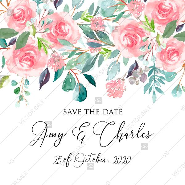 Mariage - Save the date wedding invitation set watercolor blush pink rose greenery card template PDF 5.25x5.25 in online maker