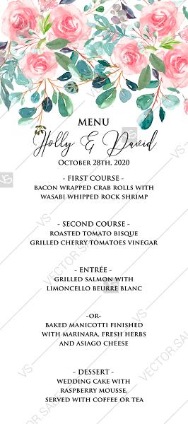 Hochzeit - Wedding menu design watercolor blush pink rose greenery card template PDF 4x9 in PDF editor