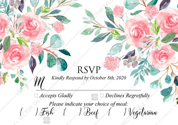 Wedding - RSVP wedding invitation set watercolor blush pink rose greenery card template PDF 5x3.5 in PDF template