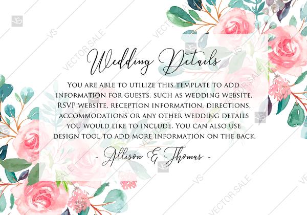Wedding - Wedding details card invitation set watercolor blush pink rose greenery template PDF 3.5x5 in invitation maker