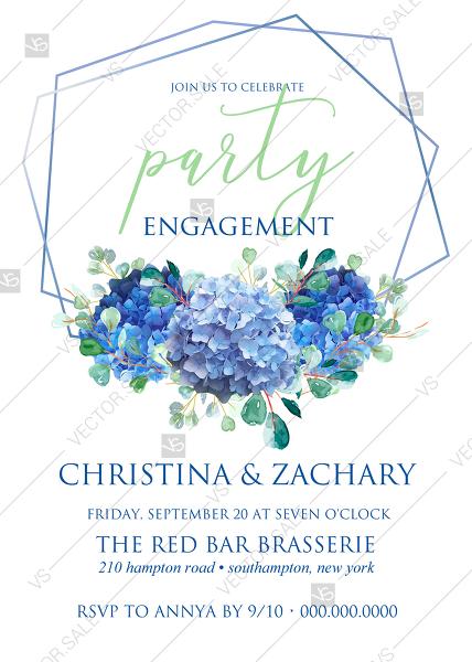 Hochzeit - Engagement party wedding invitation set watercolor blue hydrangea eucalyptus greenery PDF 5x7 in invitation editor
