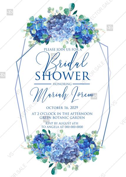 Hochzeit - Bridal shower wedding invitation set watercolor blue hydrangea eucalyptus greenery PDF 5x7 in