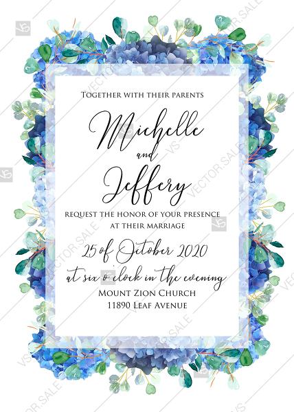 Mariage - Wedding invitation set watercolor blue hydrangea eucalyptus greenery PDF 5x7 in edit template