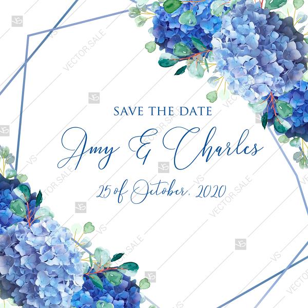 زفاف - Save the date card wedding invitation set watercolor blue hydrangea eucalyptus greenery PDF 5.25x5.25 in customize online