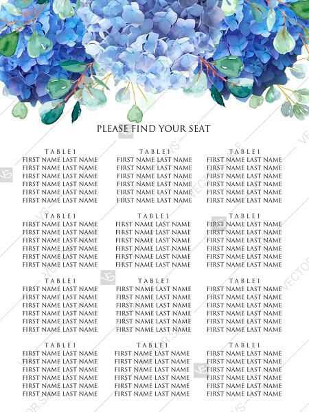 زفاف - Seating chart banner wedding invitation set watercolor blue hydrangea eucalyptus greenery PDF 18x24 in personalized invitation