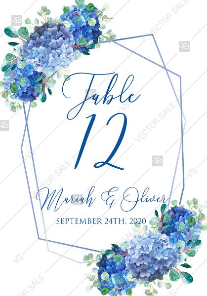 Wedding - Wedding table card invitation set watercolor blue hydrangea eucalyptus greenery PDF 3.5x5 in edit online