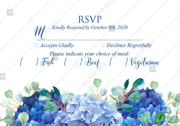 Свадьба - RSVP wedding invitation set watercolor blue hydrangea eucalyptus greenery PDF 5x3.5 in online maker