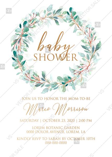 Mariage - Baby shower wedding invitation set gold leaf laurel watercolor eucalyptus greenery PDF 5x7 in