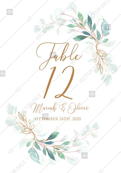 Hochzeit - Table card wedding invitation set gold leaf laurel watercolor eucalyptus greenery PDF 3.5x5 in customizable template