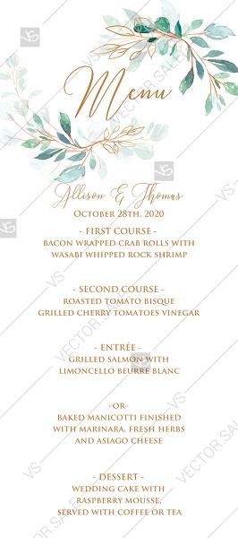 Свадьба - Wedding menu card gold leaf laurel watercolor eucalyptus greenery PDF 4x9 in edit online