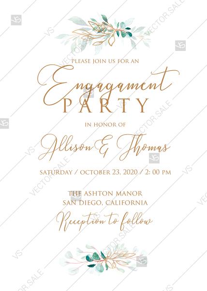 Mariage - Engagement party wedding invitation set gold leaf laurel watercolor eucalyptus greenery PDF 5x7 in customize online