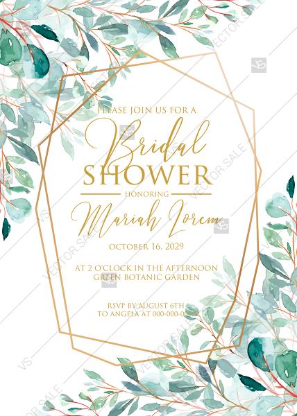 Hochzeit - Bridal shower wedding invitation set gold leaf laurel watercolor eucalyptus greenery PDF 5x7 in invitation maker