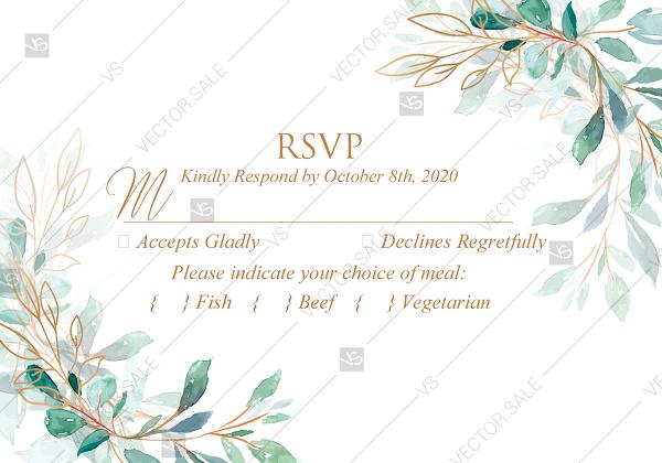 Hochzeit - rsvp wedding invitation set gold leaf laurel watercolor eucalyptus greenery PDF 5x3.5 in edit template
