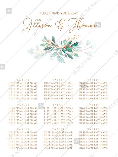Mariage - Seating chart wedding invitation set gold leaf laurel watercolor eucalyptus greenery PDF 18x24 in online editor