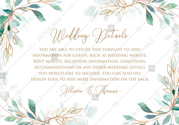 Mariage - Wedding details card invitation set gold leaf laurel watercolor eucalyptus greenery PDF 5x3.5 in online maker