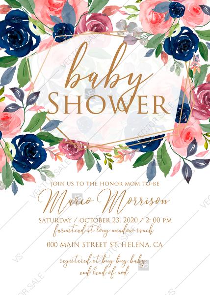 Свадьба - Baby shower wedding invitation set watercolor navy blue rose marsala peony pink anemone greenery PDF 5x7 in invitation maker