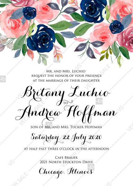 Wedding - Wedding invitation set watercolor navy blue rose marsala peony pink anemone greenery PDF 5x7 in