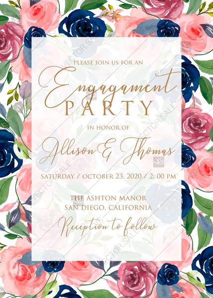 Hochzeit - Engagement party wedding invitation watercolor navy blue rose marsala peony pink anemone greenery PDF 5x7 in customize online