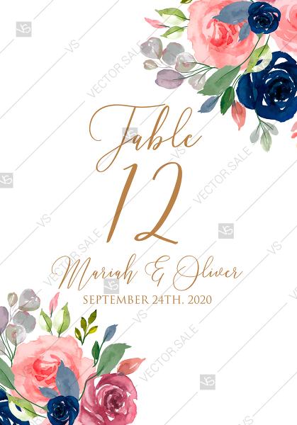 Hochzeit - Table card wedding invitation watercolor navy blue rose marsala peony pink anemone greenery PDF 3.5x5 in customizable template