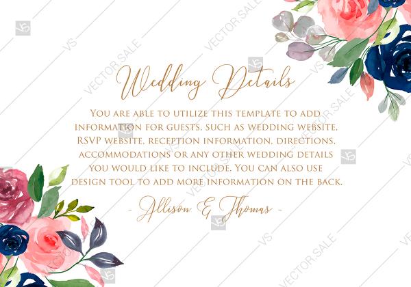 Свадьба - Wedding details card invitation set watercolor navy blue rose marsala peony pink anemone greenery PDF 5x3.5 in online maker