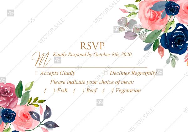 Свадьба - RSVP wedding invitation set watercolor navy blue rose marsala peony pink anemone greenery PDF 5x3.5 in edit template