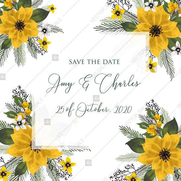 Wedding - Save the date card wedding invitation set sunflower yellow flower PDF 5.25x5.25 in edit online
