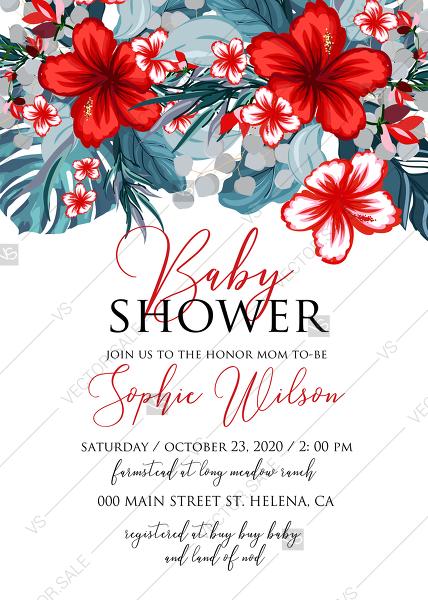 Mariage - Baby shower wedding invitation set tropical palm leaves hawaii aloha luau hibiscus flower PDF 5x7 in