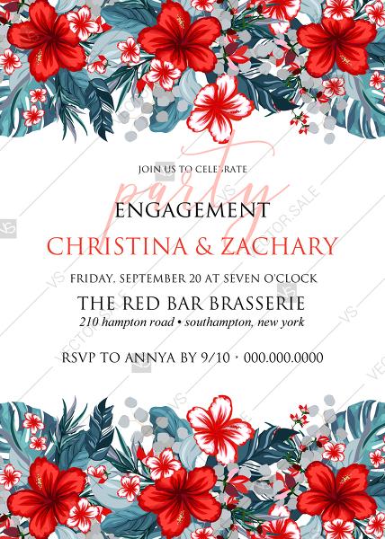 زفاف - Engagement party wedding invitation set tropical palm leaves hawaii aloha luau hibiscus flower PDF 5x7 in invitation editor