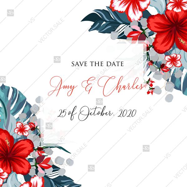 زفاف - Save the date wedding invitation set tropical palm leaves hawaii aloha luau hibiscus flower PDF 5.25x5.25 in edit online