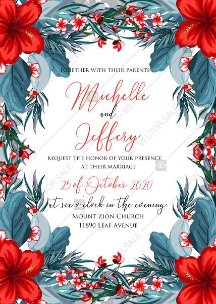 Mariage - Wedding invitation set tropical palm leaves hawaii aloha luau hibiscus flower PDF 5x7 in wedding invitation maker
