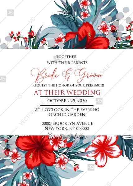 زفاف - Wedding invitation set tropical palm leaves hawaii aloha luau hibiscus flower PDF 5x7 in create online