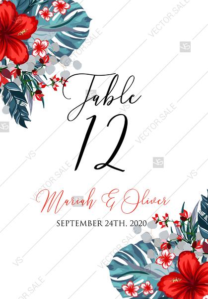 زفاف - Table card wedding invitation set tropical palm leaves hawaii aloha luau hibiscus flower PDF 3.5x5 in customizable template