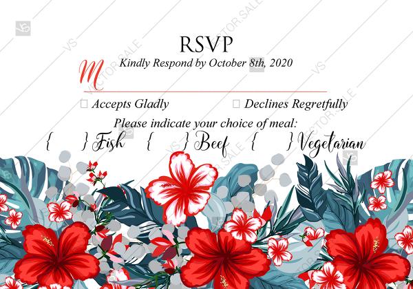 Hochzeit - RSVP card wedding invitation set tropical palm leaves hawaii aloha luau hibiscus flower PDF 3.5x5 in personalized invitation