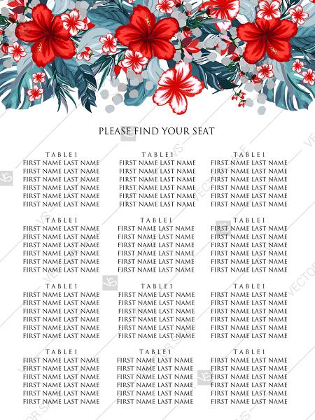 Wedding - Seating chart banner wedding invitation set tropical palm leaves hawaii aloha luau hibiscus flower PDF 18x24 in edit template