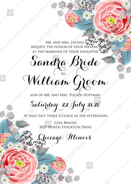 Wedding - Wedding invitation set pink soft peony tea rose ranunculus floral card template PDF 5x7 in