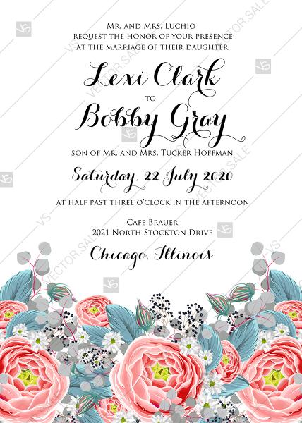 Wedding - Wedding invitation set pink peony tea rose ranunculus floral card template PDF 5x7 in invitation editor