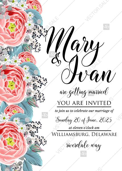 Hochzeit - Wedding invitation set celebration pink peony tea rose ranunculus floral card template PDF 5x7 in personalized invitation