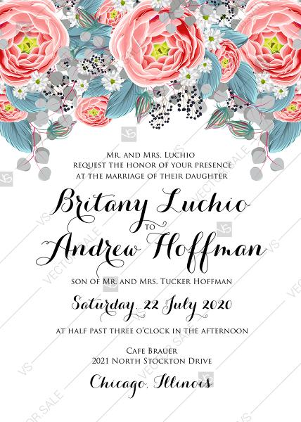 Свадьба - Wedding invitation set pink beautiful peony tea rose ranunculus floral card template PDF 5x7 in invitation maker